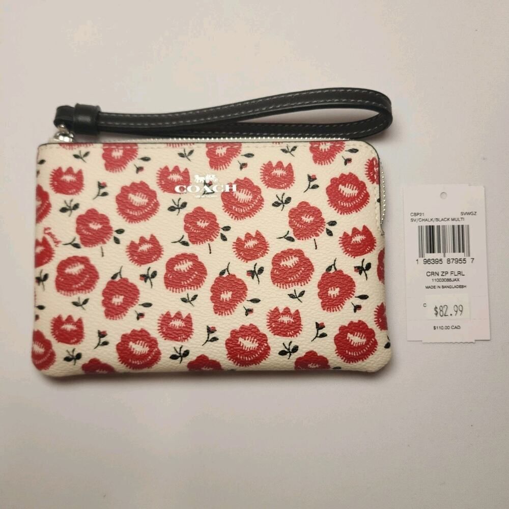 Coach Corner Zip Wristlet With Floral Print In Canvas/Silver/Chalk Multi CBP21